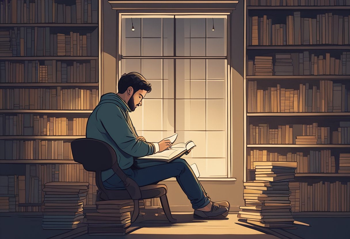 A person sitting alone in a dimly lit room, deep in thought, surrounded by books and a journal. The atmosphere is contemplative and introspective