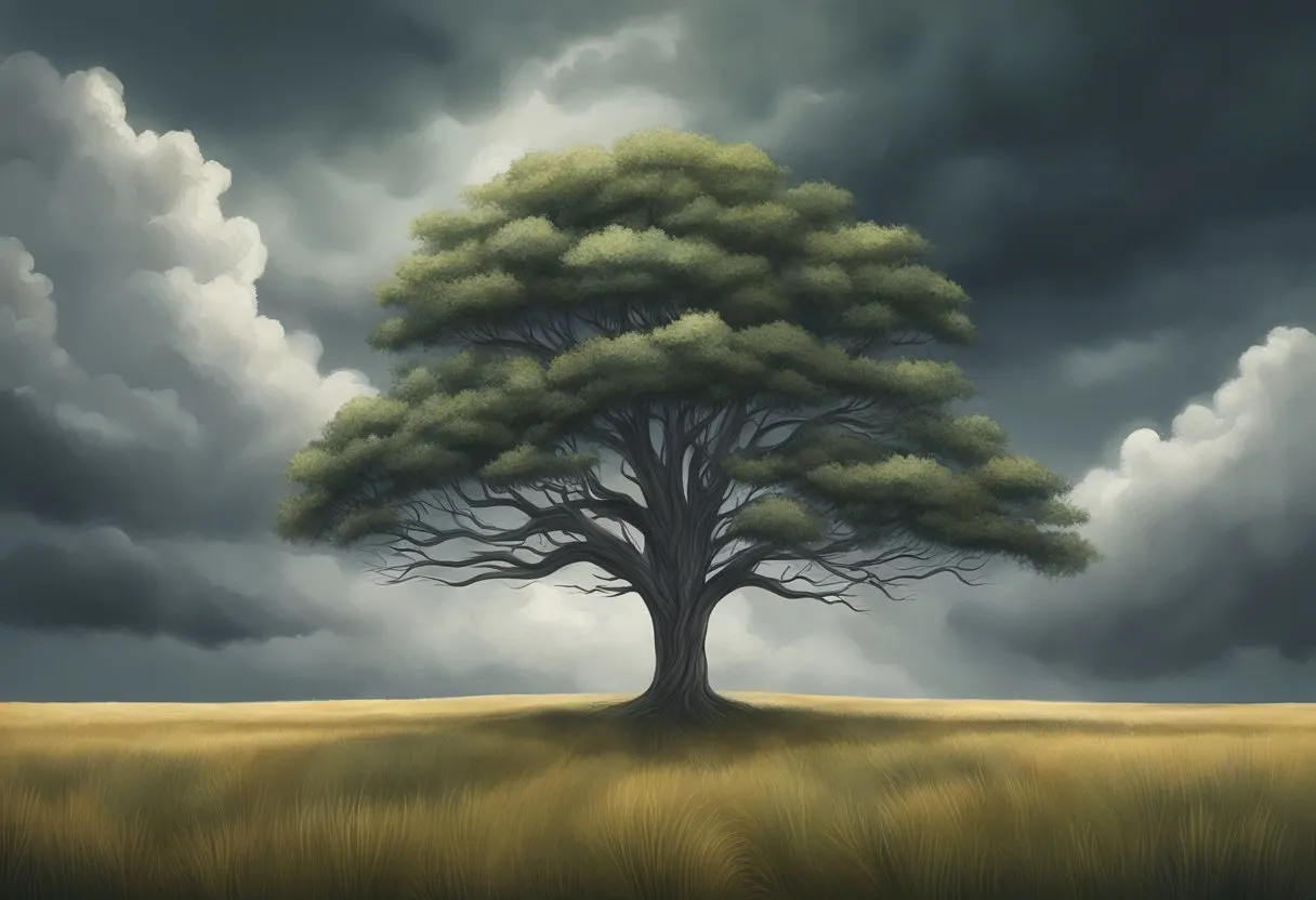 A lone tree stands in a vast, open field under a dramatic, stormy sky, symbolizing the search for meaning and purpose in the face of uncertainty