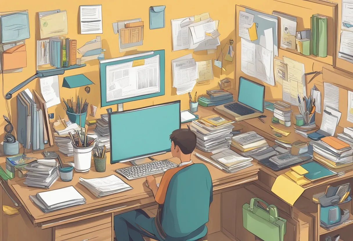 A cluttered desk with various items competing for attention, while a person with ADHD struggles to focus on their work amidst the distractions