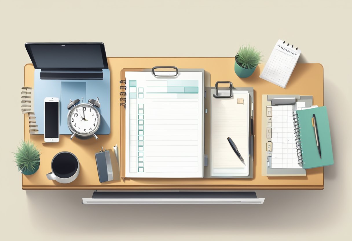 A desk with a neatly organized planner, clock, and to-do list, surrounded by a calm and focused atmosphere