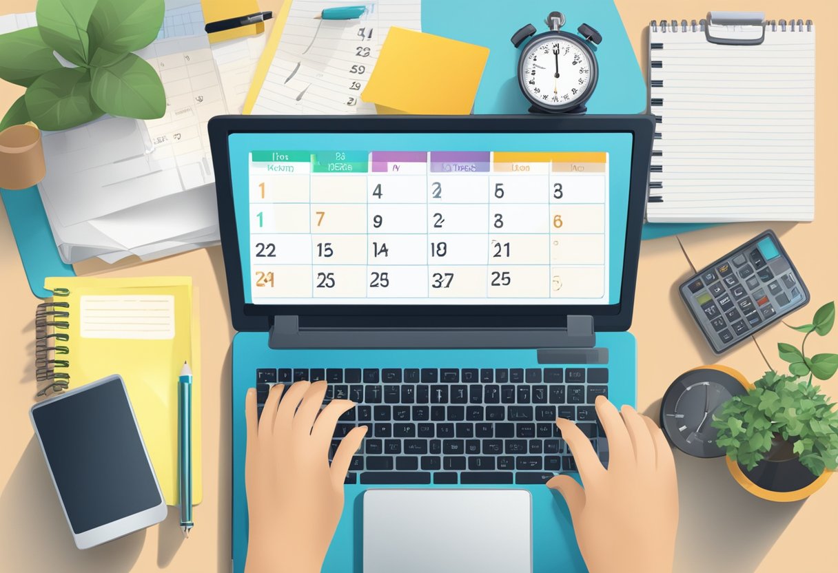 A cluttered desk with a calendar, stopwatch, and to-do list. A person multitasking with a laptop, phone, and notebook