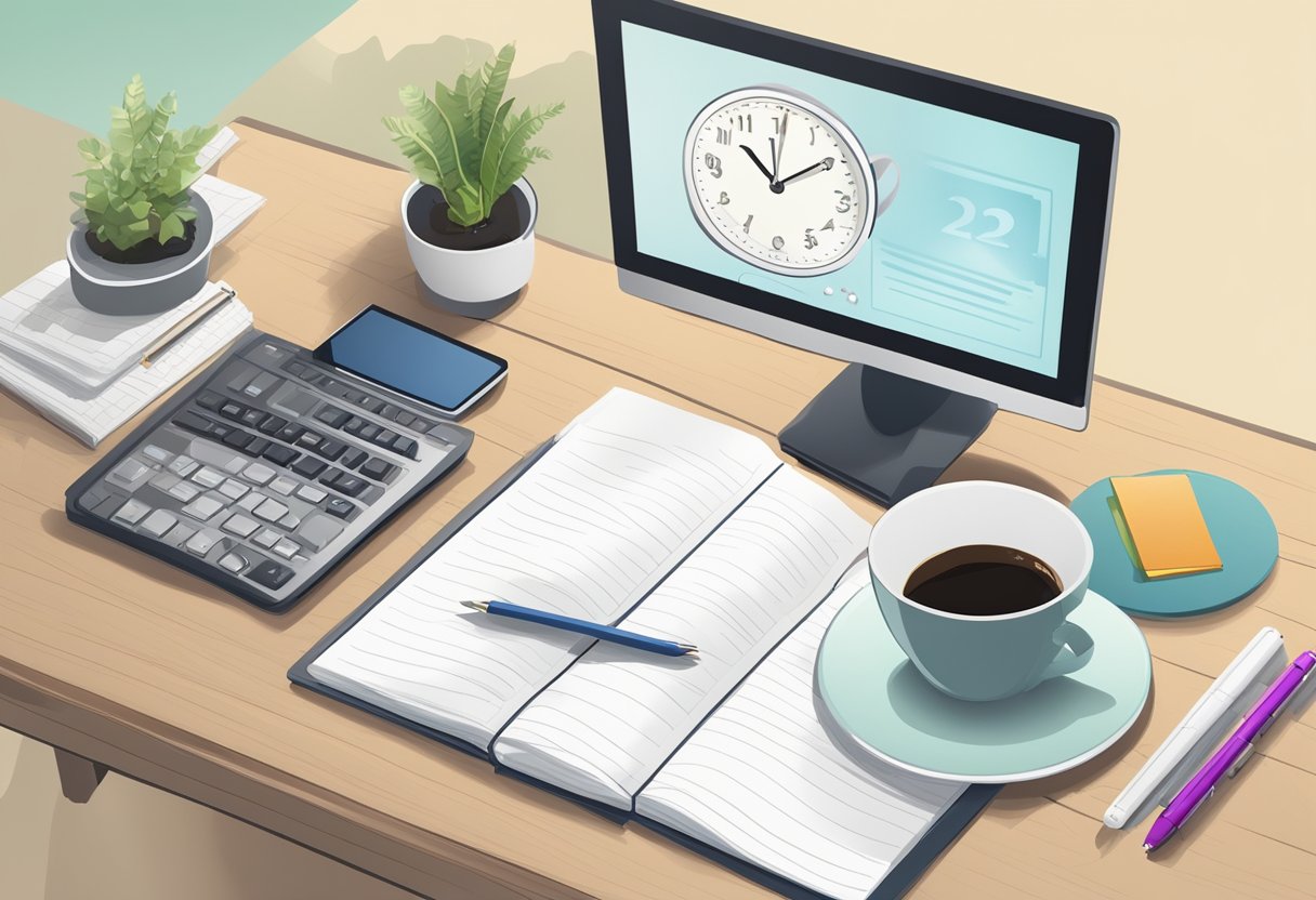 A desk with a neatly organized planner, a laptop, and a cup of coffee. A clock on the wall shows the time