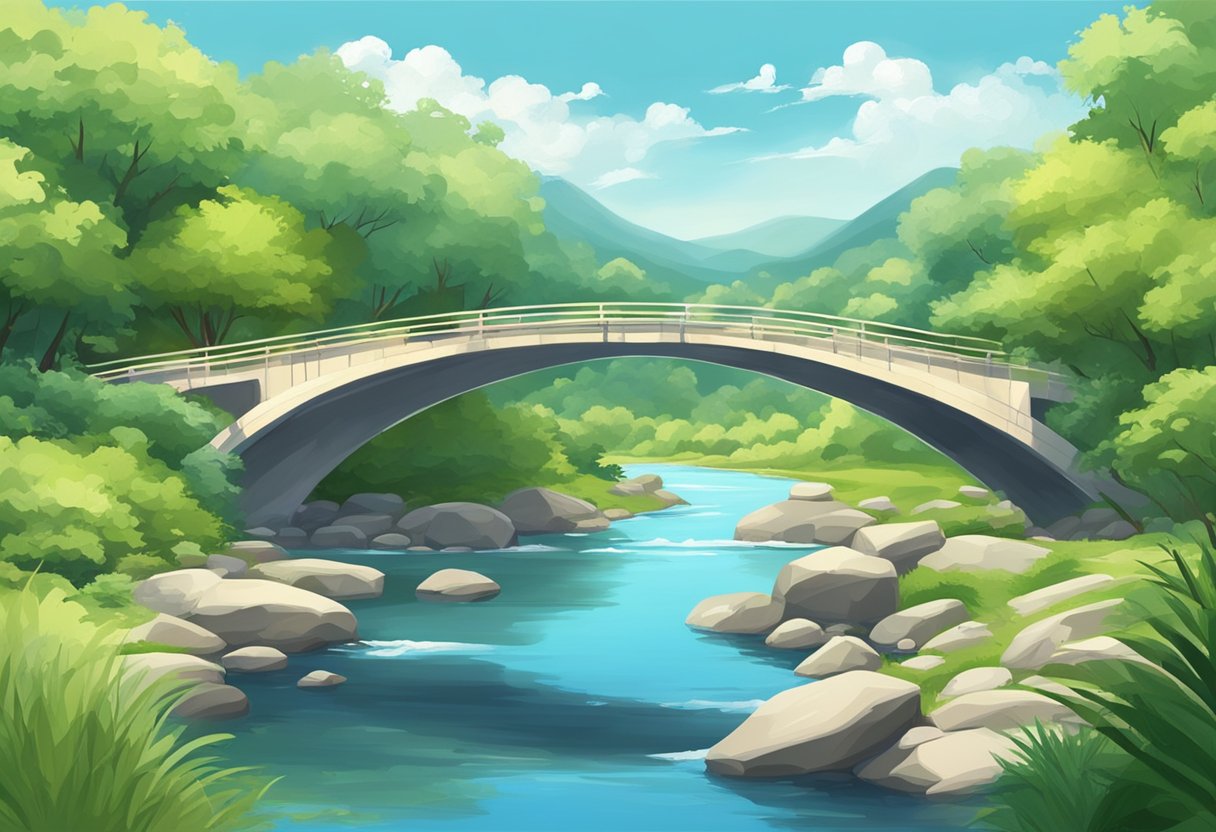 A serene landscape with a flowing river and a bridge, surrounded by lush greenery and a clear blue sky