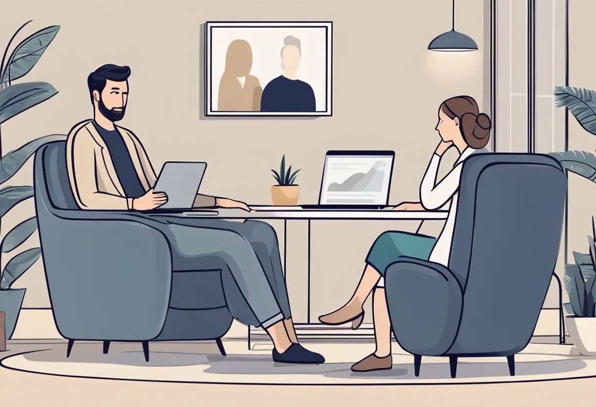 A laptop displaying a video call between a client and a therapist. The client sits in a comfortable chair, while the therapist listens attentively