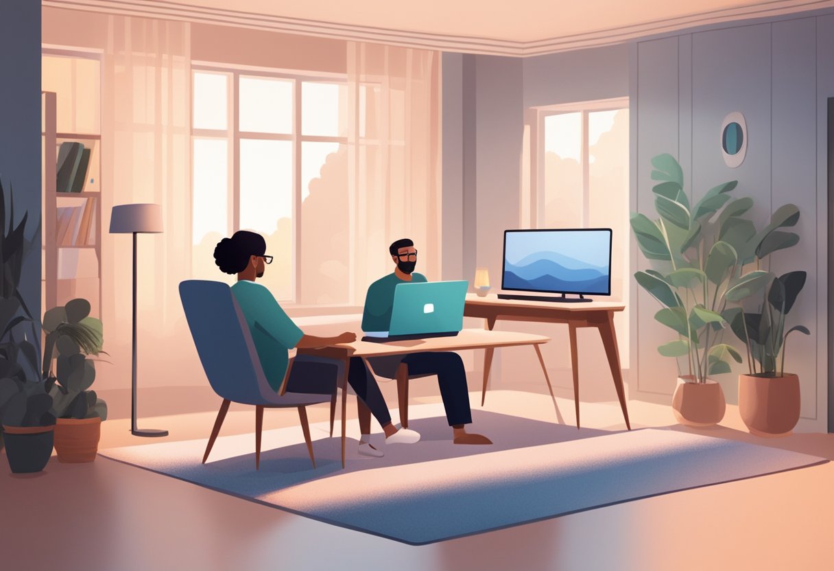 A person sitting at a computer, engaging in a video call with a therapist. The room is calm and inviting, with soft lighting and comfortable furniture